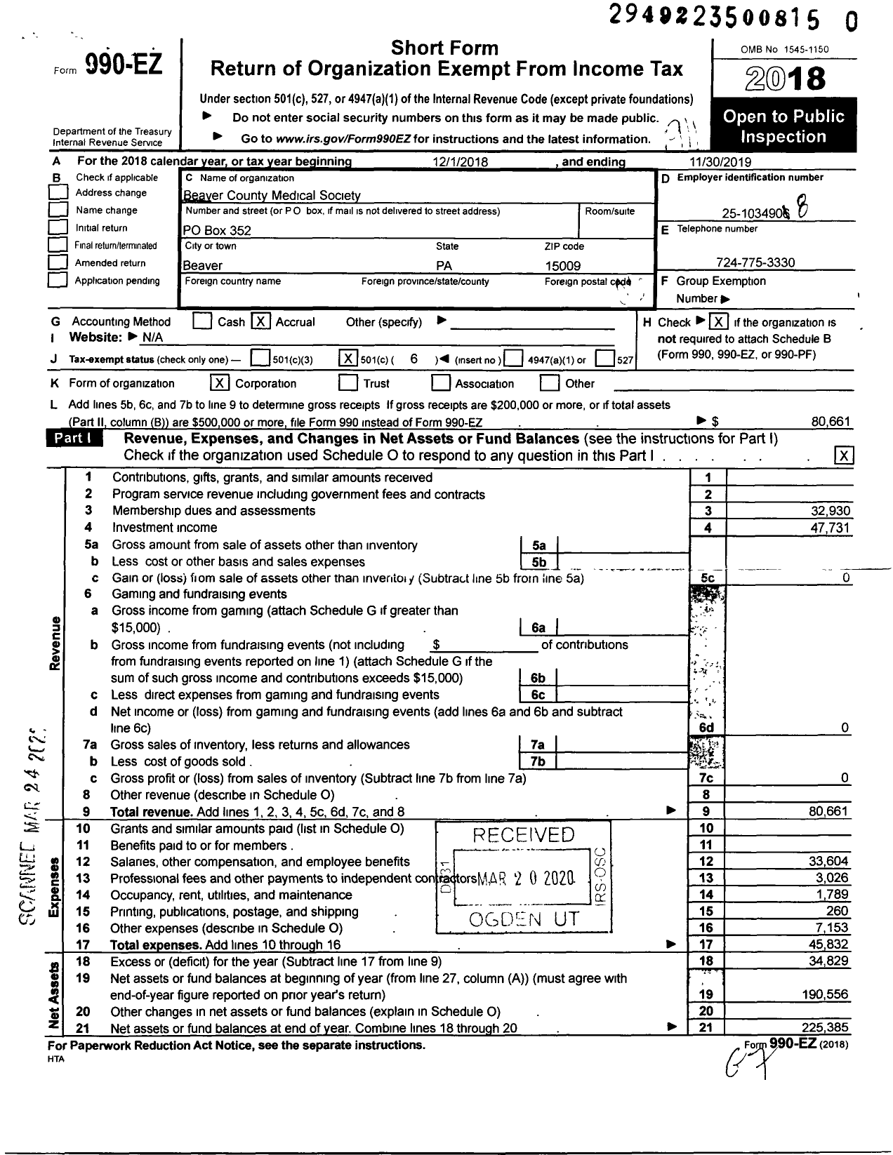 Image of first page of 2018 Form 990EO for Beaver County Medical Society