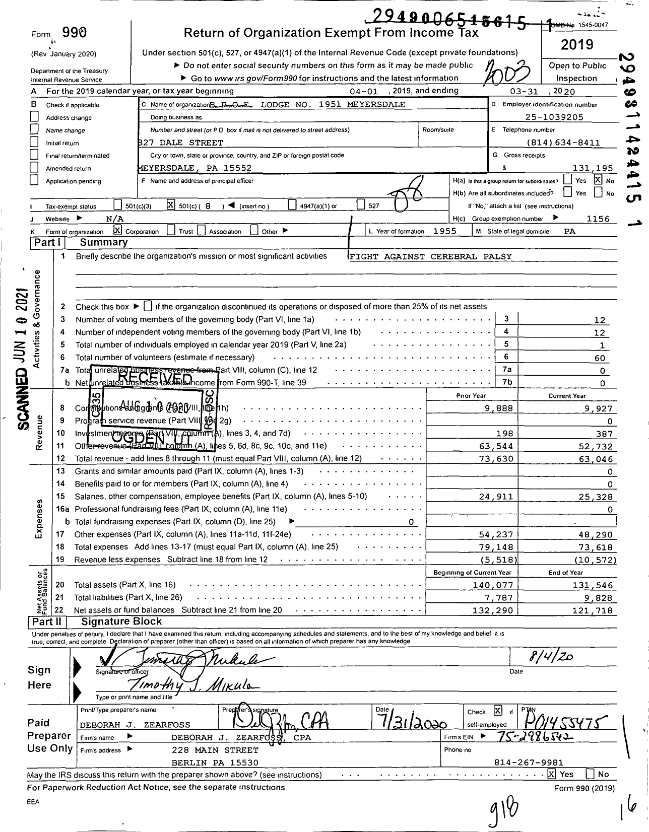 Image of first page of 2019 Form 990O for Benevolent and Protective Order of Elks - 1951 Meyersdale