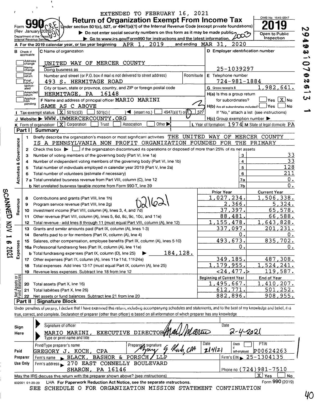 Image of first page of 2019 Form 990 for United Way of Mercer County