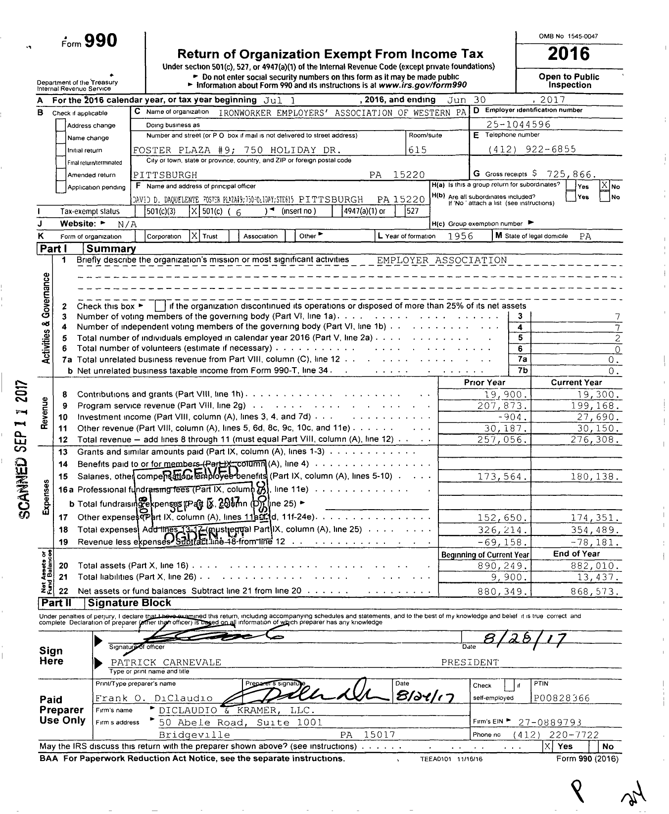 Image of first page of 2016 Form 990O for Ironworker Employers' Association of Western Pa