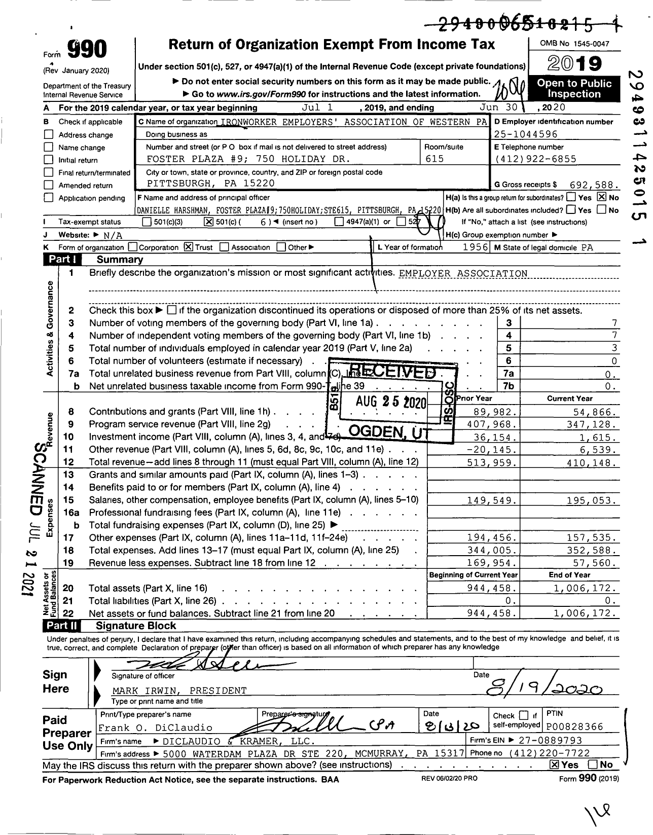 Image of first page of 2019 Form 990O for Ironworker Employers' Association of Western Pa