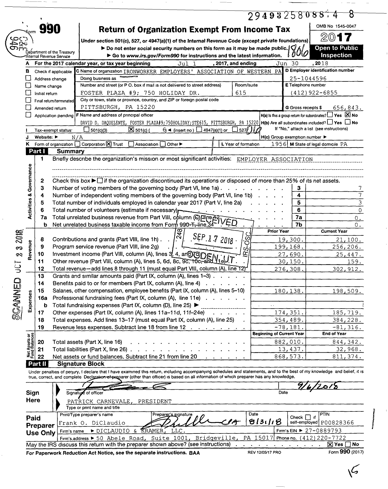 Image of first page of 2017 Form 990O for Ironworker Employers' Association of Western Pa