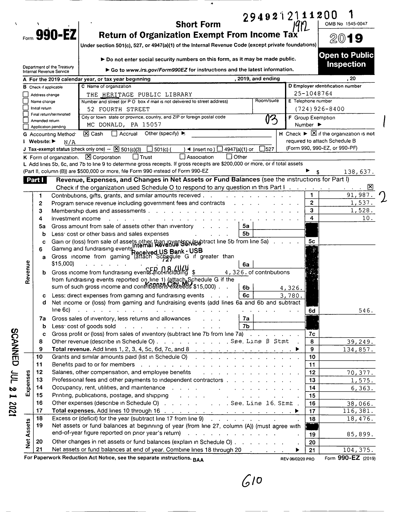 Image of first page of 2019 Form 990EZ for The Heritage Public Library