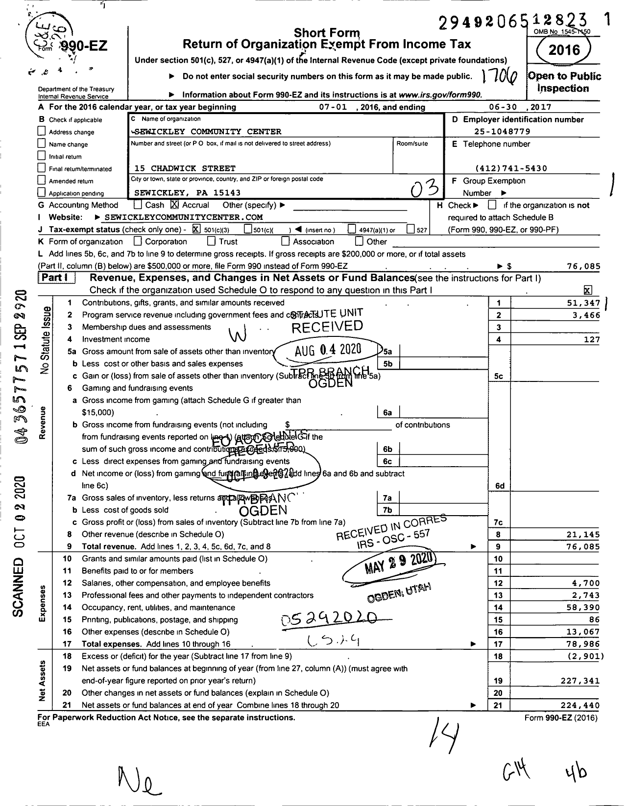 Image of first page of 2016 Form 990EZ for Sewickley Community Center