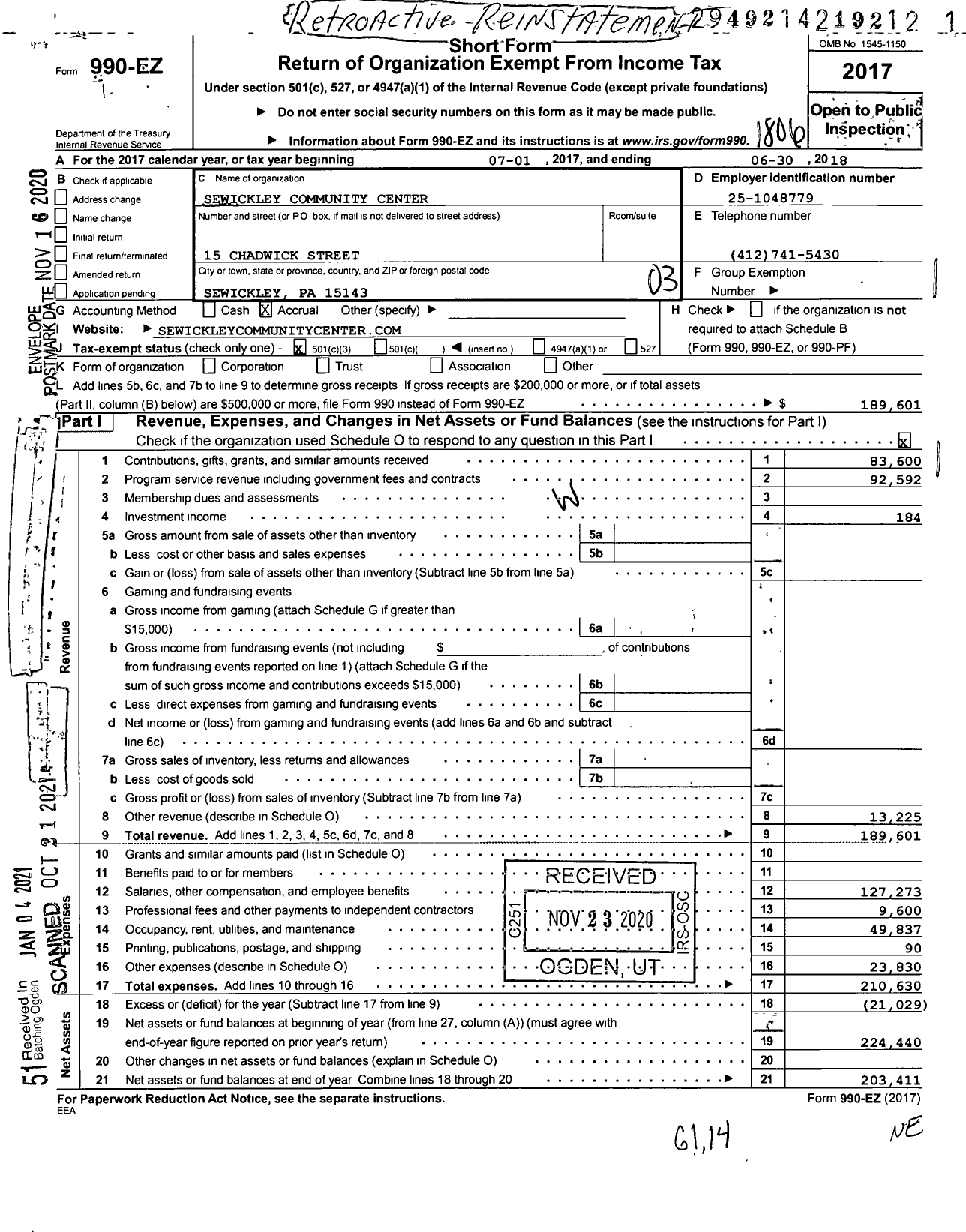 Image of first page of 2017 Form 990EZ for Sewickley Community Center