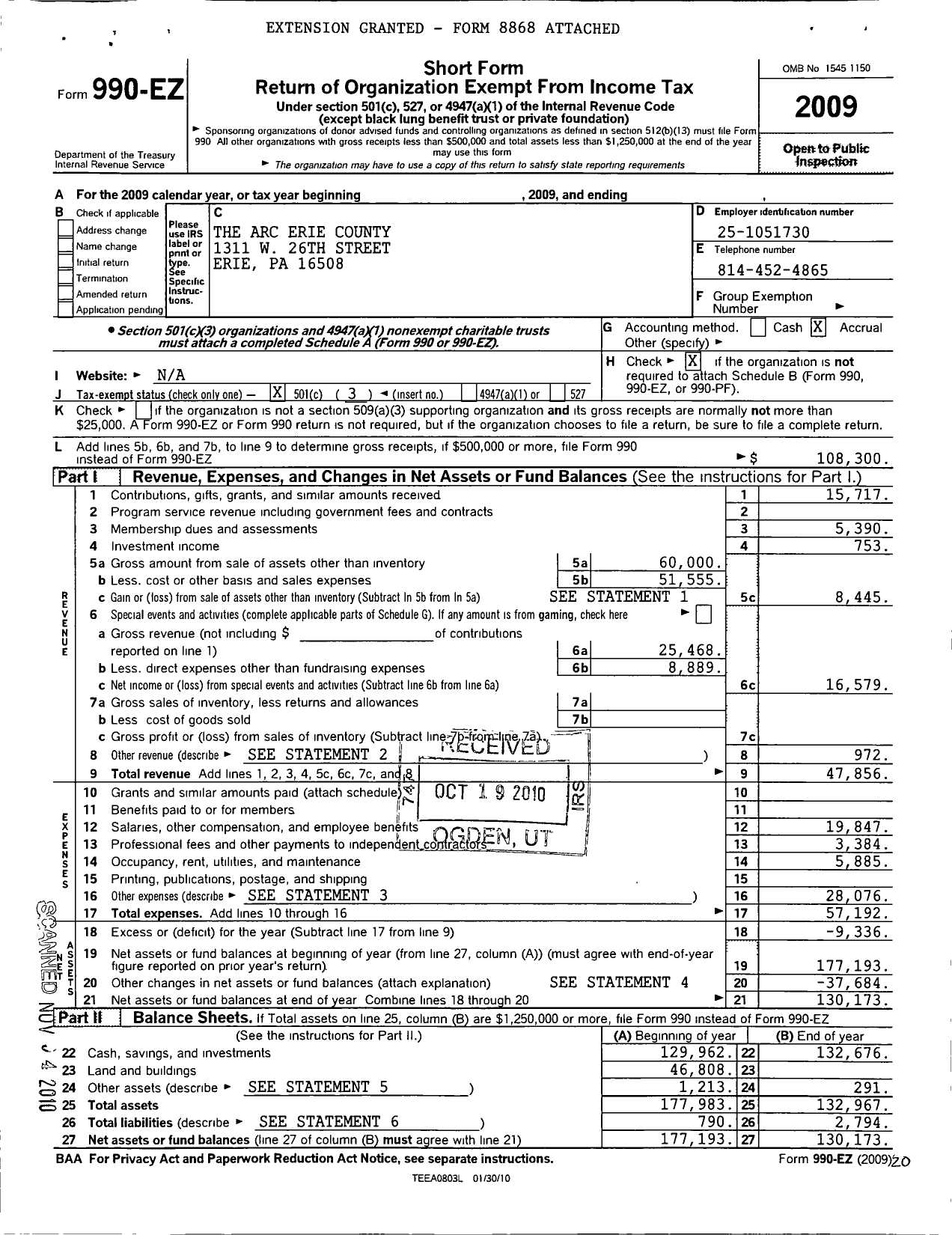 Image of first page of 2009 Form 990EZ for The Arc Erie County