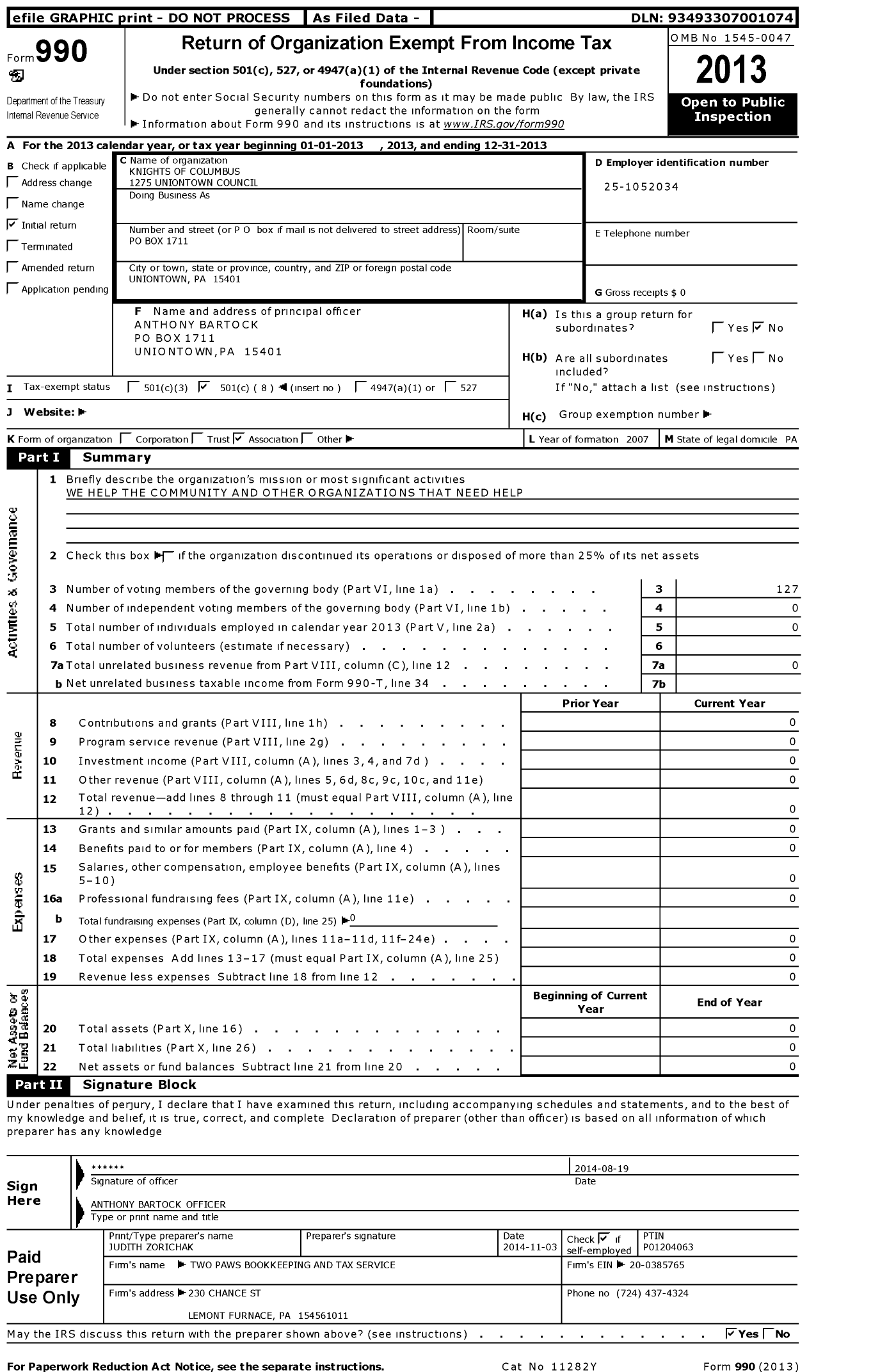 Image of first page of 2013 Form 990O for Knights of Columbus 1275 Uniontown