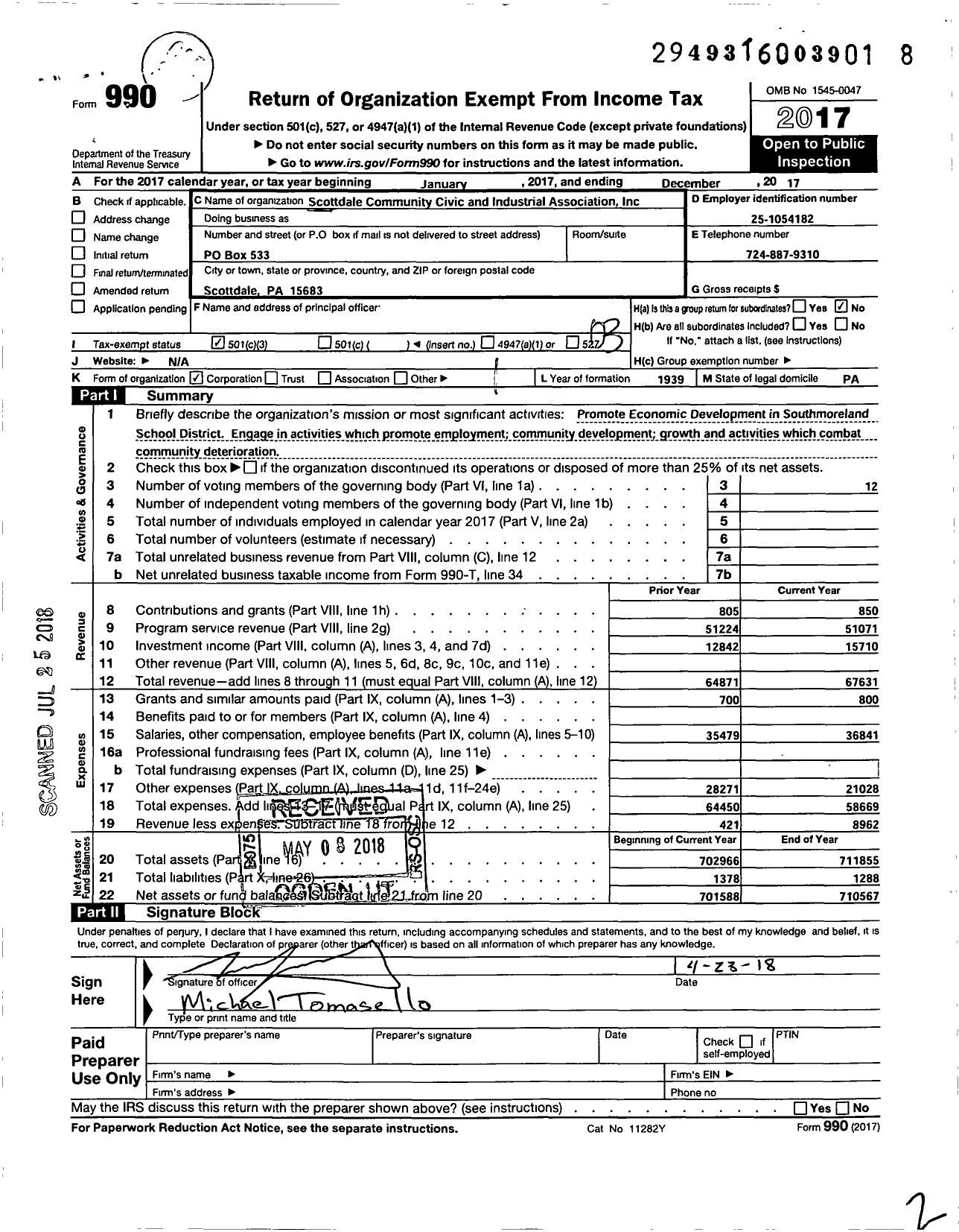 Image of first page of 2017 Form 990 for Scottdale Community Civic Industrial Association