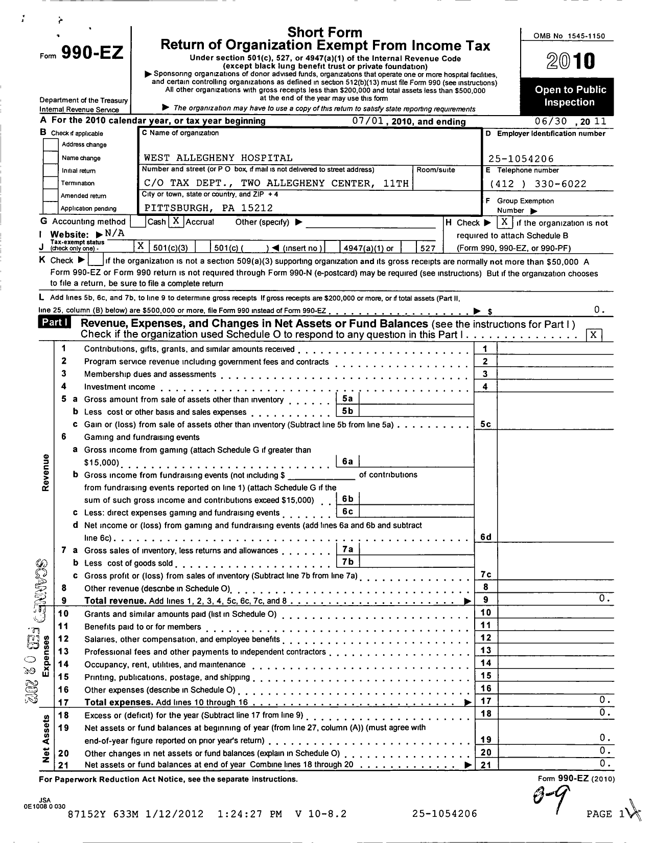 Image of first page of 2010 Form 990EZ for West Allegheny Hospital