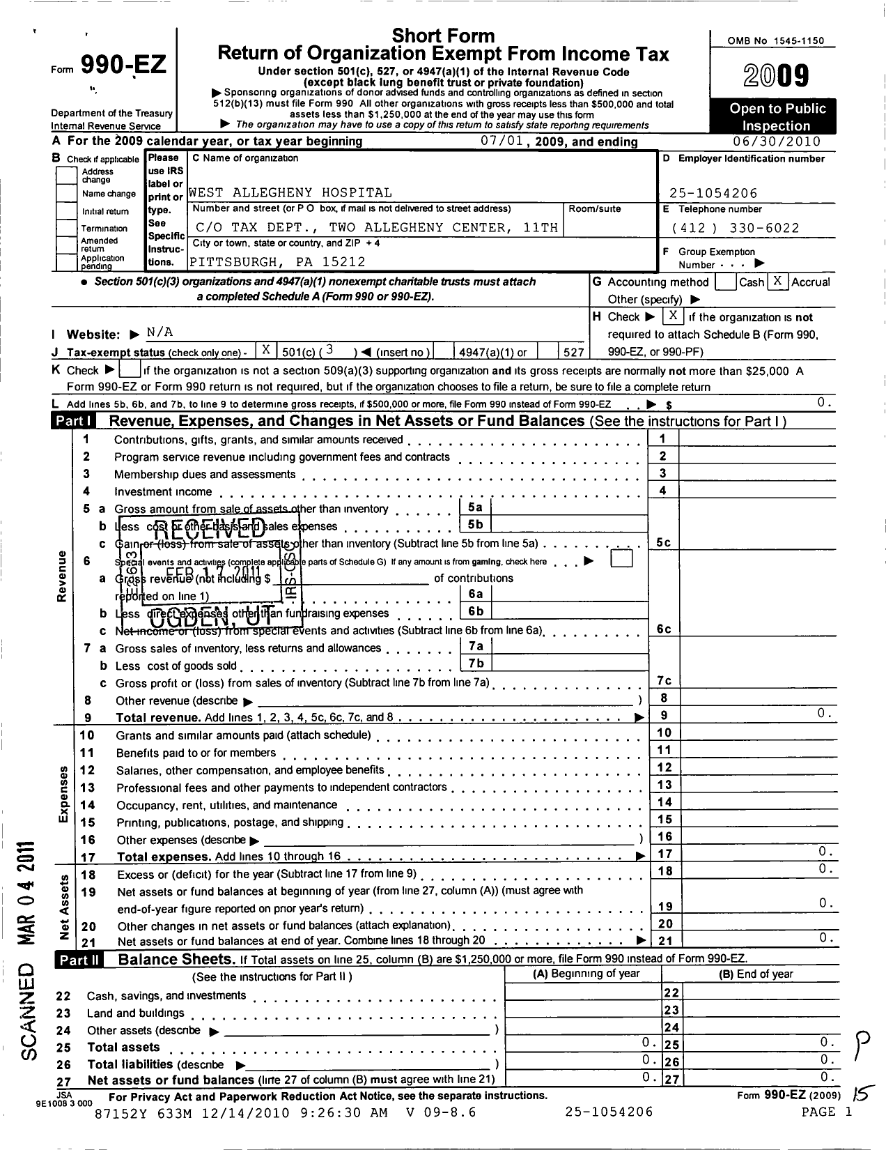 Image of first page of 2009 Form 990EZ for West Allegheny Hospital