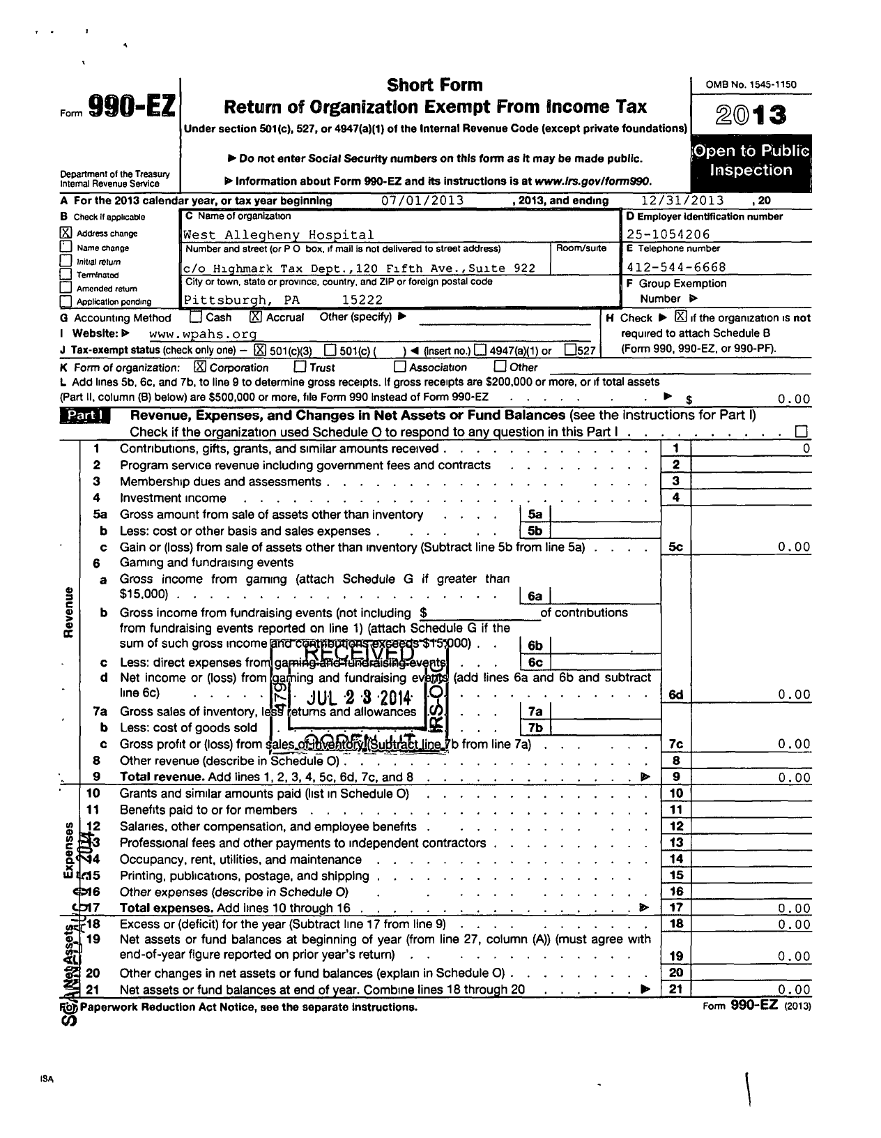 Image of first page of 2013 Form 990EZ for West Allegheny Hospital