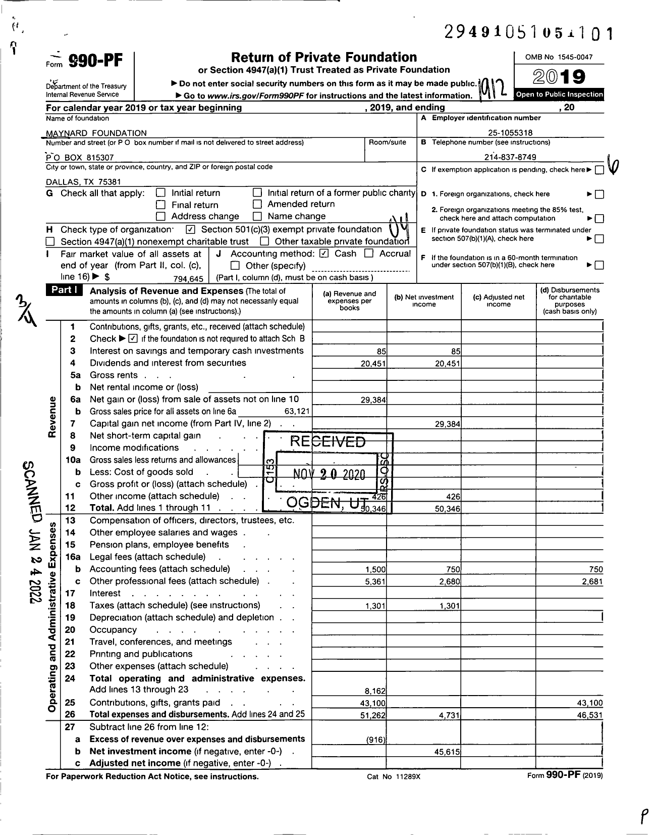 Image of first page of 2019 Form 990PF for Maynard Foundation