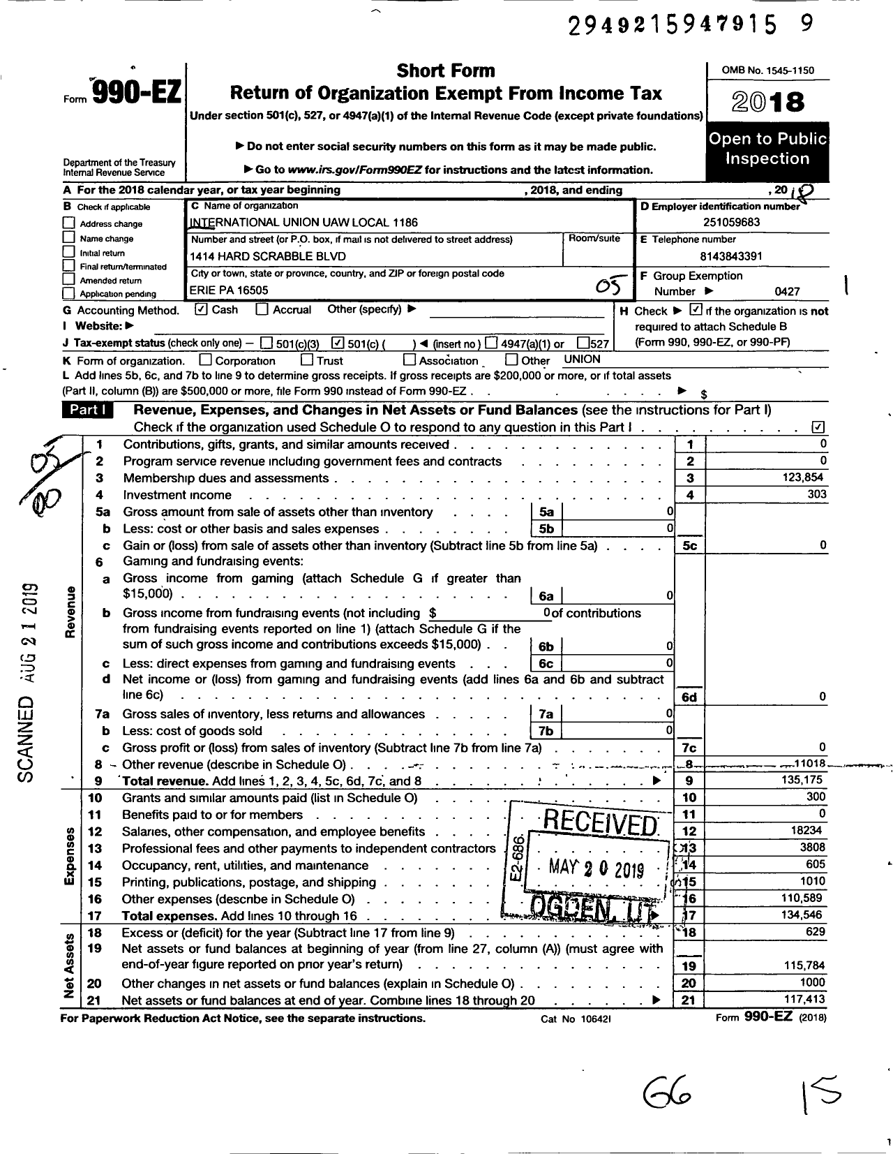 Image of first page of 2018 Form 990EO for UAW - 1186 Local