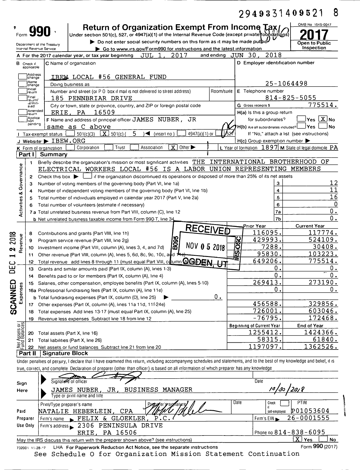 Image of first page of 2017 Form 990O for International Brotherhood of Electrical Workers Local #56