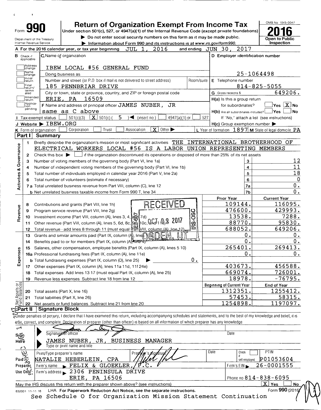 Image of first page of 2016 Form 990O for International Brotherhood of Electrical Workers Local #56