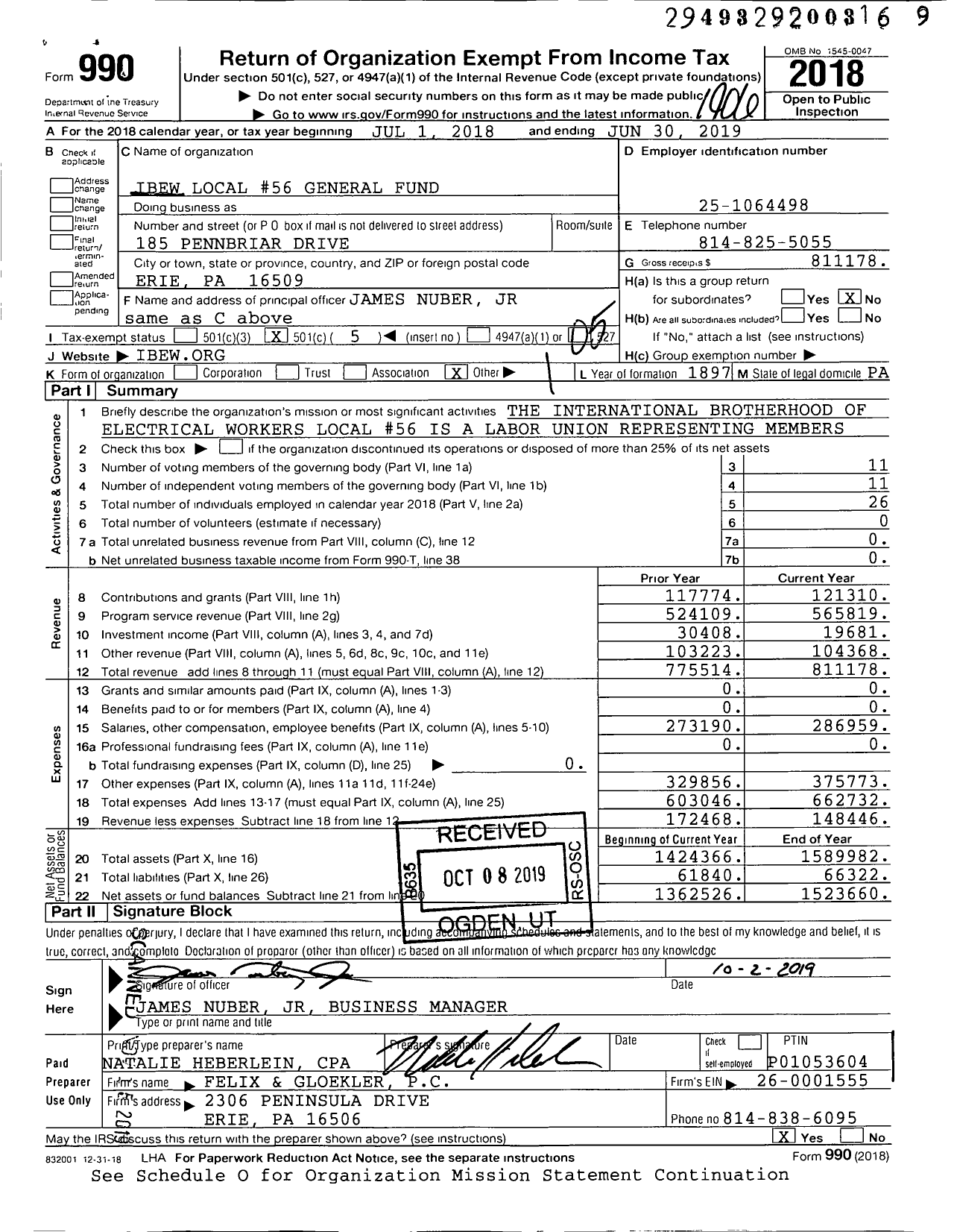 Image of first page of 2018 Form 990O for International Brotherhood of Electrical Workers Local #56