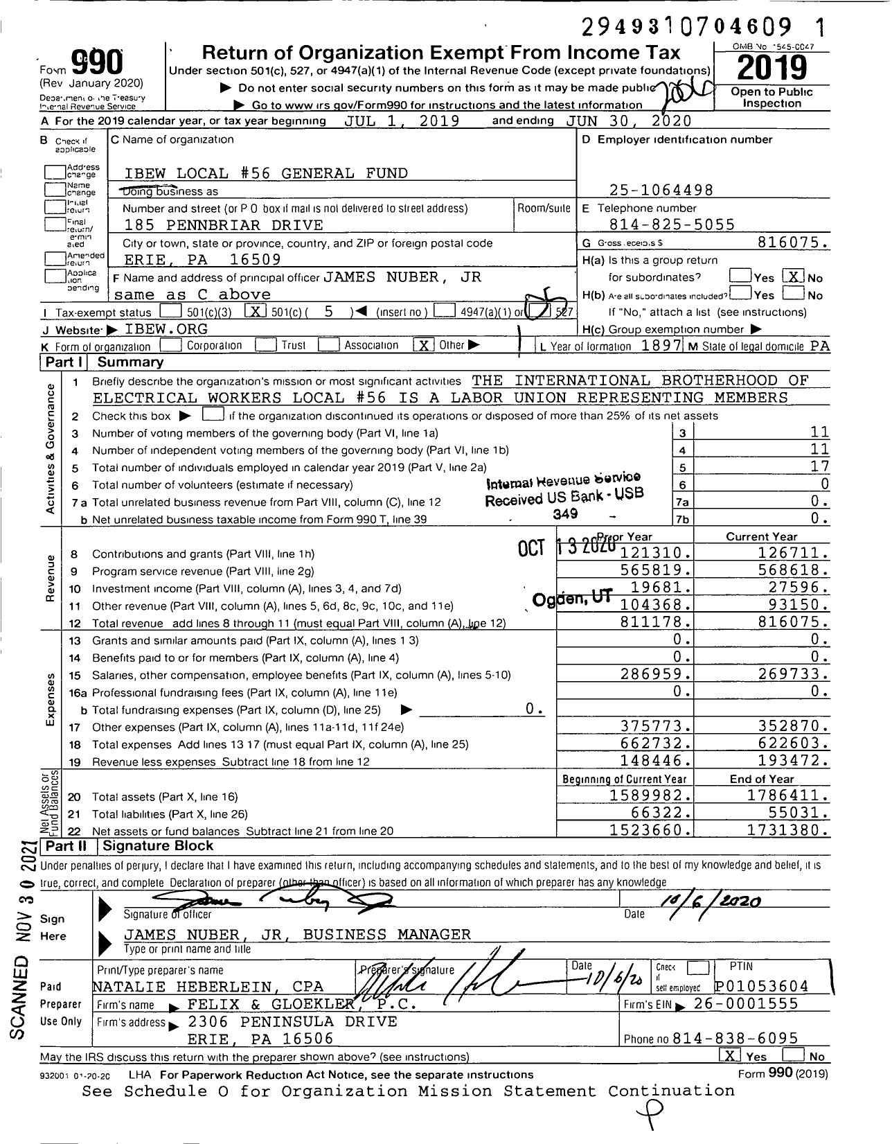 Image of first page of 2019 Form 990O for International Brotherhood of Electrical Workers Local #56