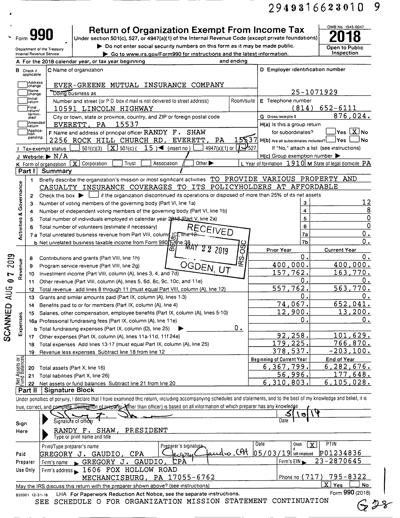 Image of first page of 2018 Form 990O for Ever-Greene Mutual Insurance Company