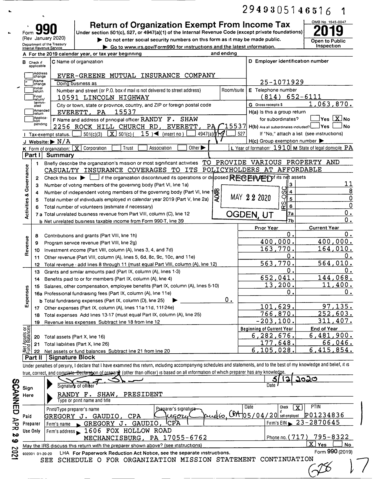 Image of first page of 2019 Form 990O for Ever-Greene Mutual Insurance Company