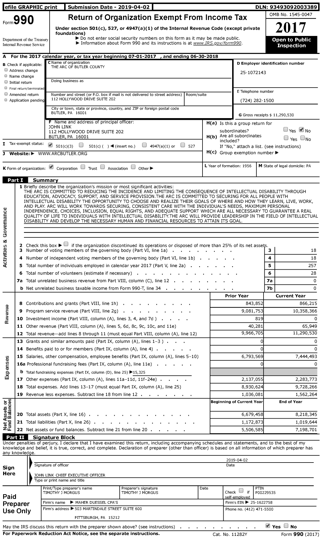 Image of first page of 2017 Form 990 for Arc of Pennsylvania of Butler County