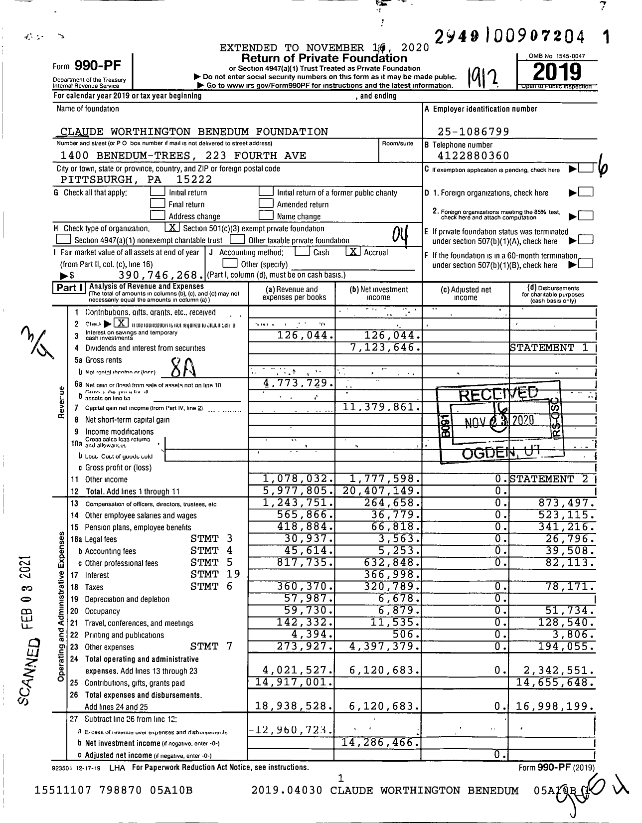 Image of first page of 2019 Form 990PF for Claude Worthington Benedum Foundation