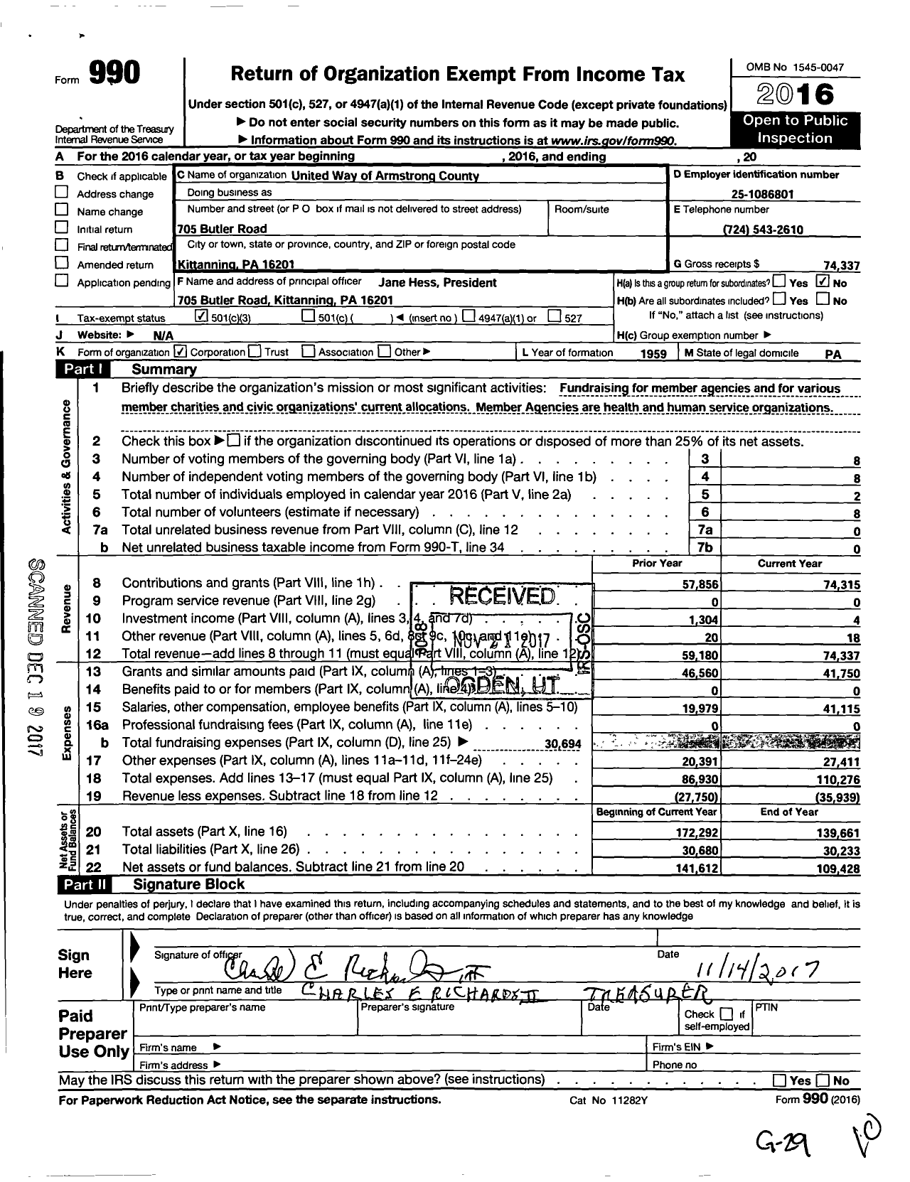 Image of first page of 2016 Form 990 for United Fund of Armstrong County