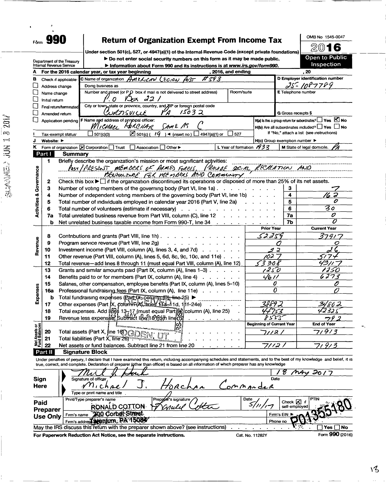 Image of first page of 2016 Form 990O for American Legion - 0593 West Deer Township Post Pa