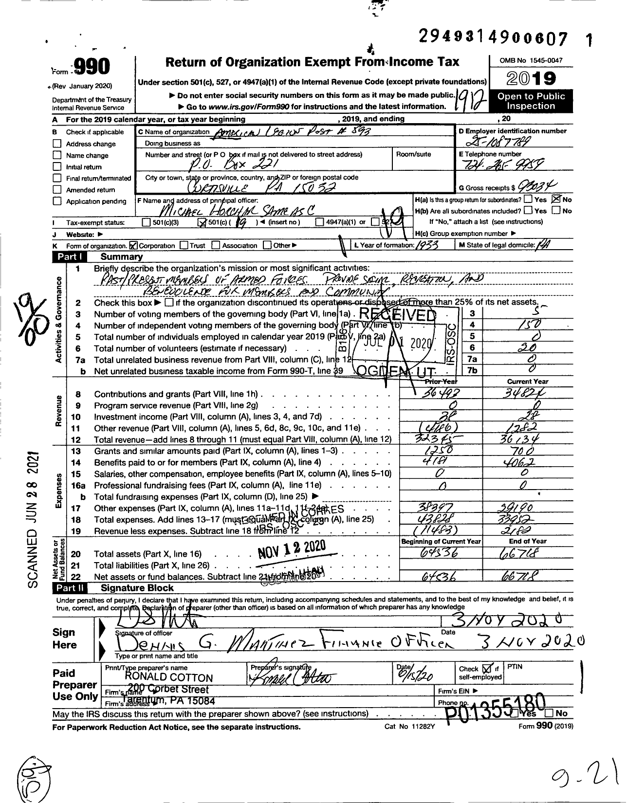 Image of first page of 2019 Form 990O for American Legion - 0593 West Deer Township Post Pa