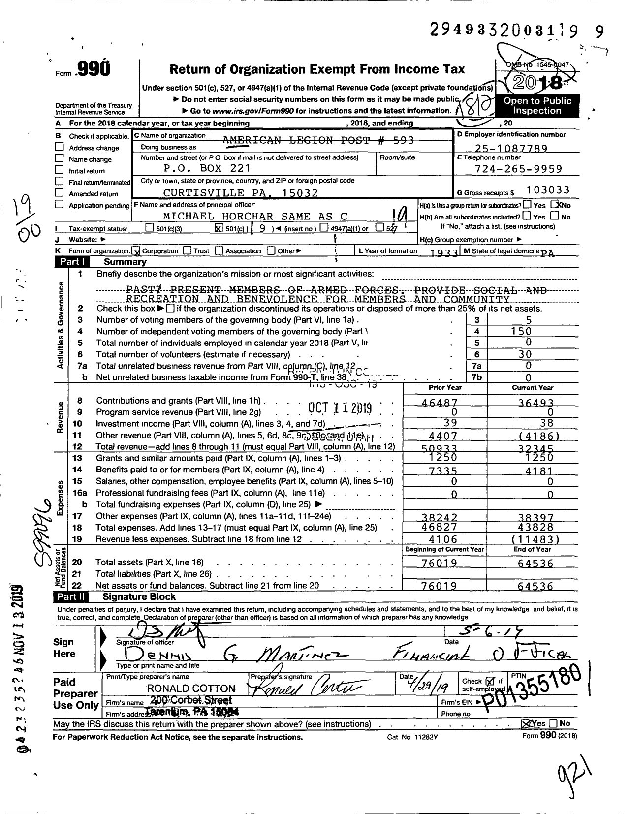 Image of first page of 2018 Form 990O for American Legion - 0593 West Deer Township Post Pa