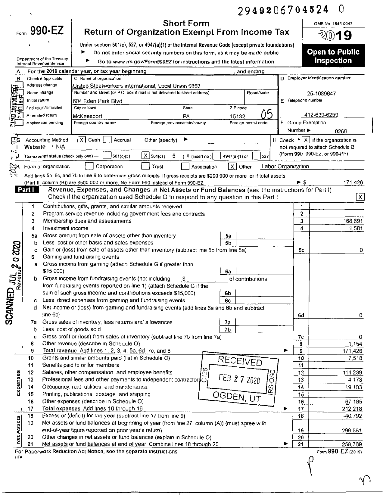 Image of first page of 2019 Form 990EO for United Steelworkers - 05852 Local