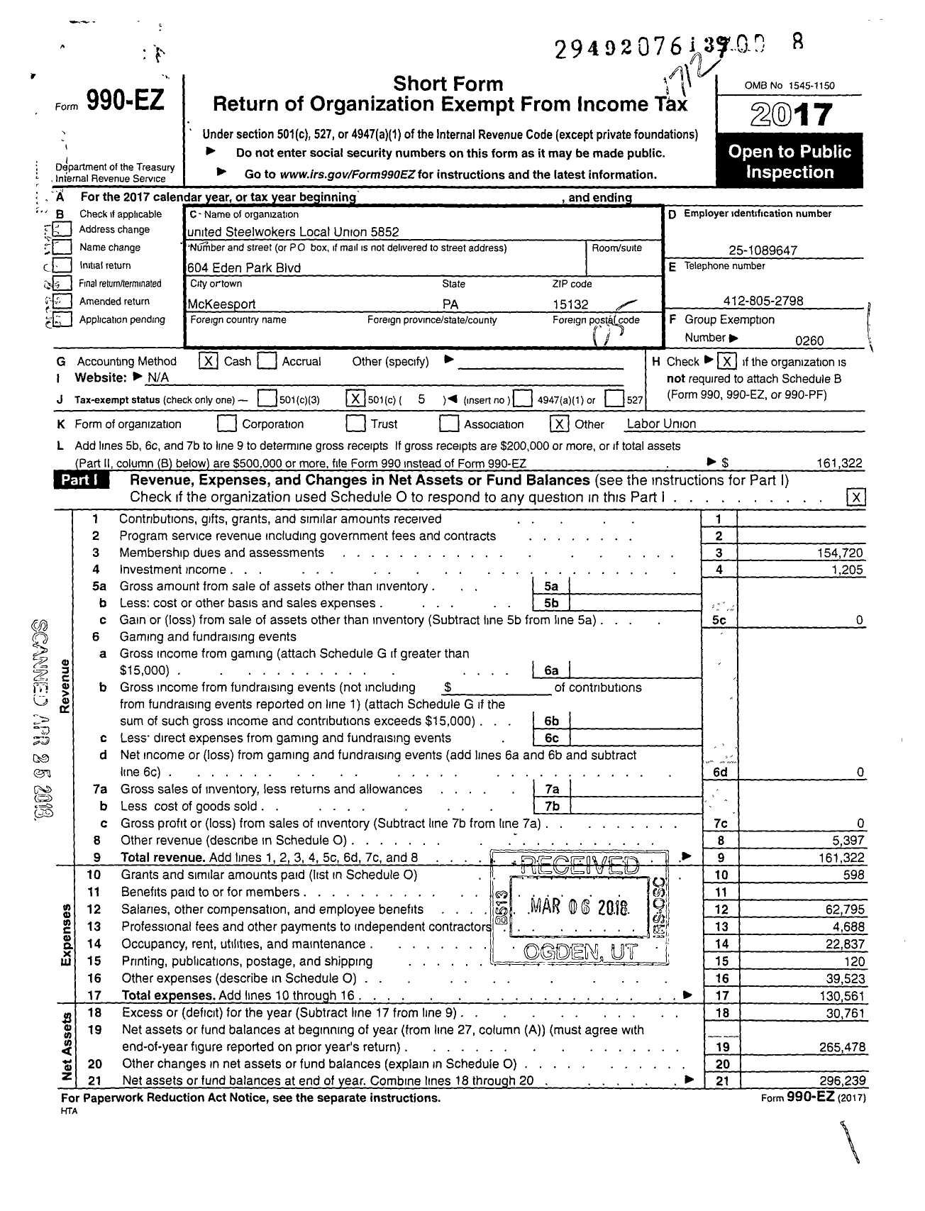 Image of first page of 2017 Form 990EO for United Steelworkers - 05852 Local