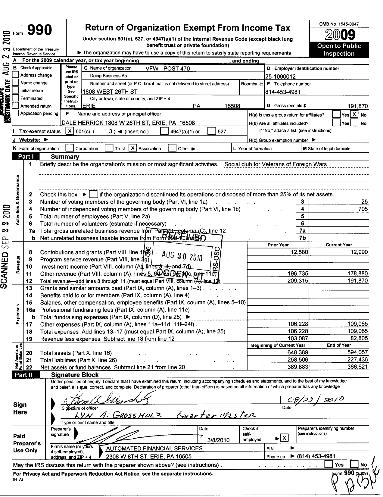 Image of first page of 2009 Form 990 for VFW Department of Pennsylvania - 470 Vfw-Penn Billy Simpson