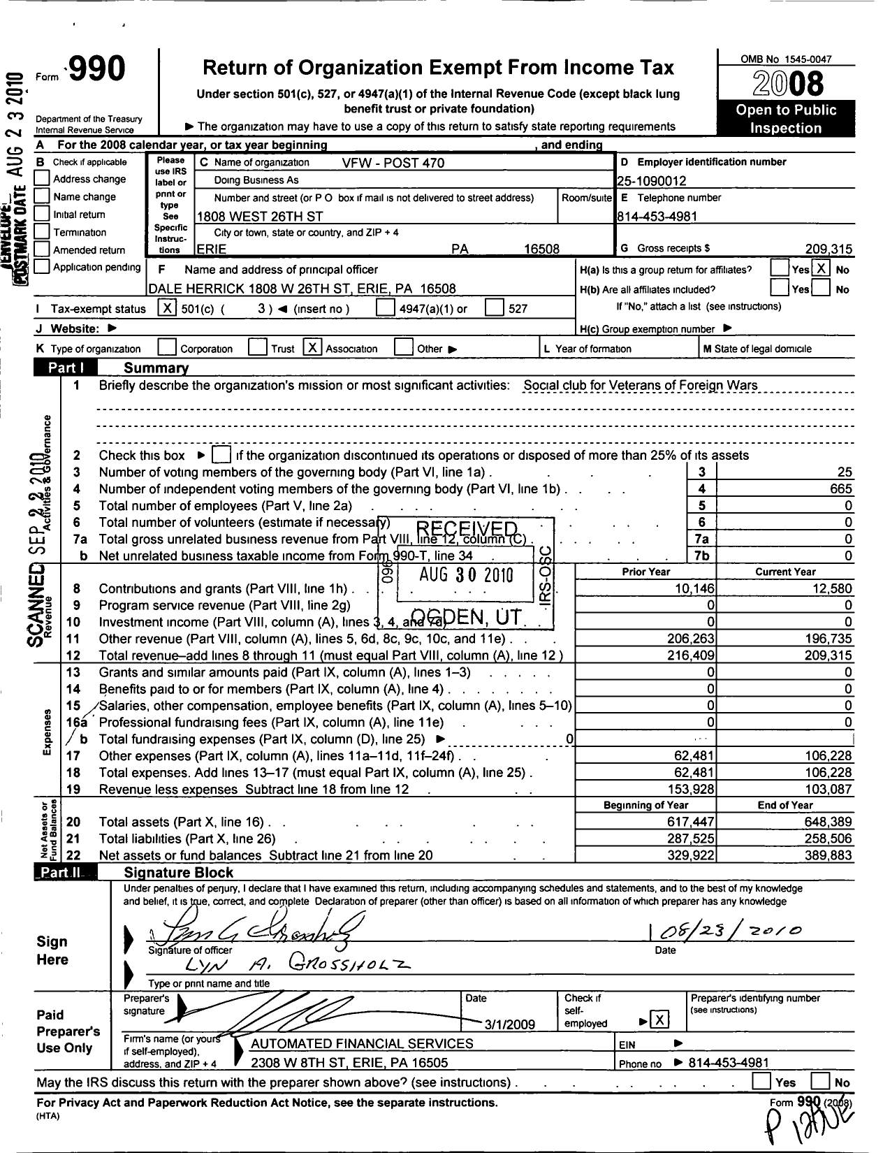 Image of first page of 2008 Form 990 for VFW Department of Pennsylvania - 470 Vfw-Penn Billy Simpson