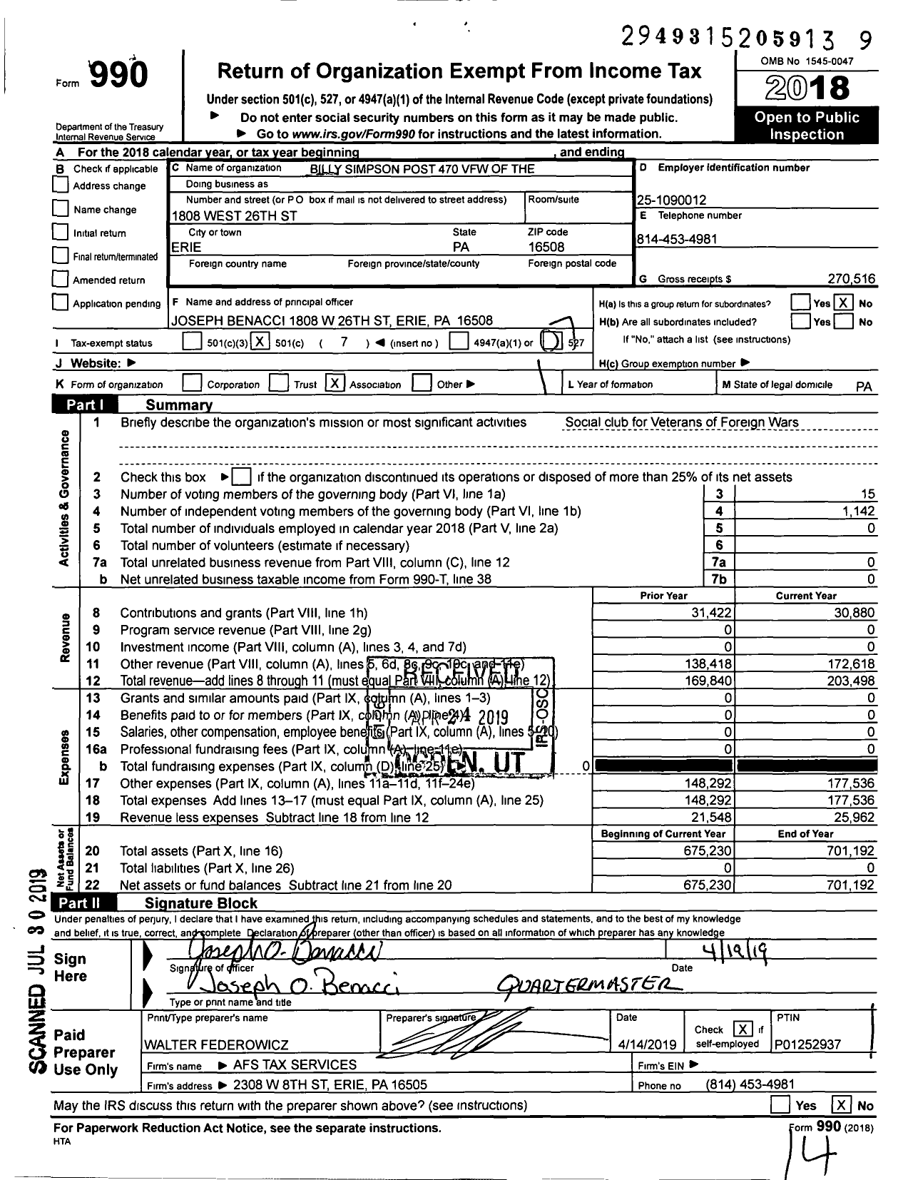 Image of first page of 2018 Form 990O for VFW Department of Pennsylvania - 470 Vfw-Penn Billy Simpson