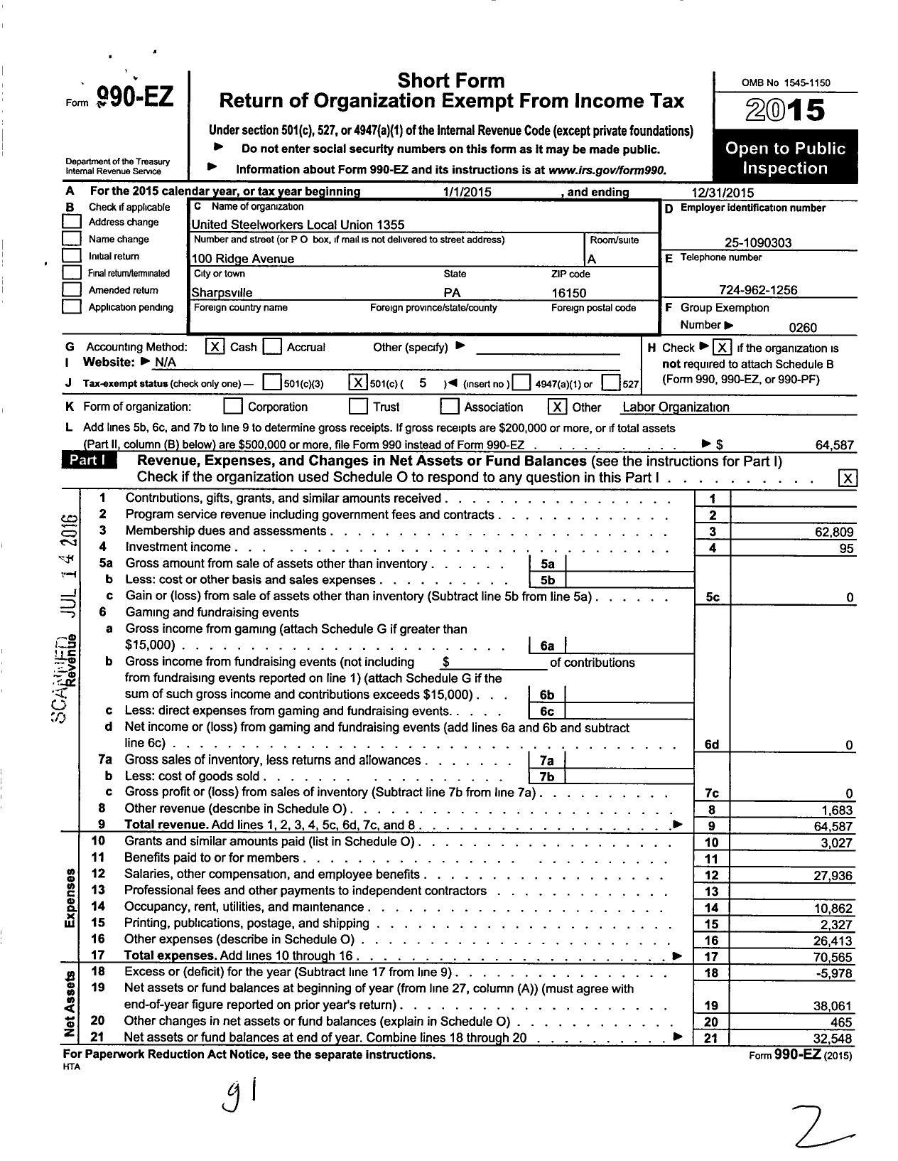 Image of first page of 2015 Form 990EO for United Steelworkers - 01355 Local