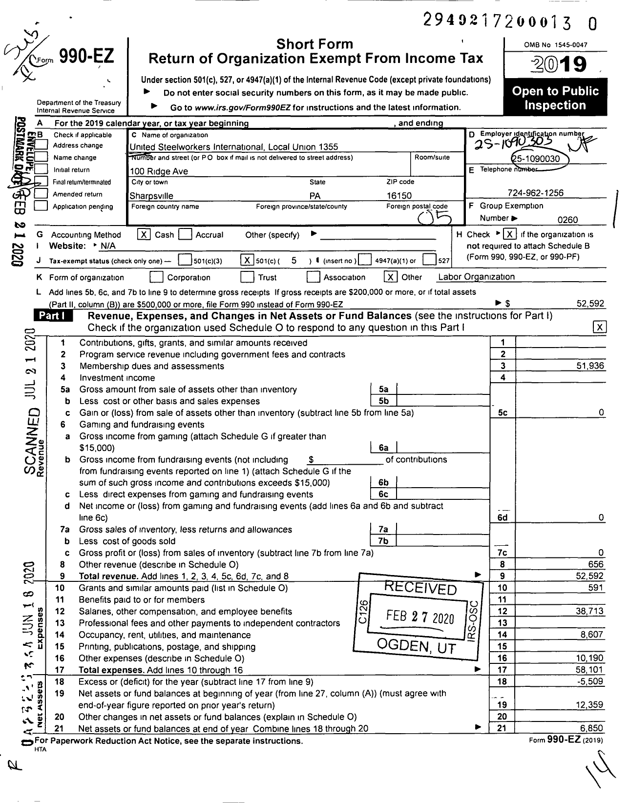 Image of first page of 2019 Form 990EO for United Steelworkers - 01355 Local