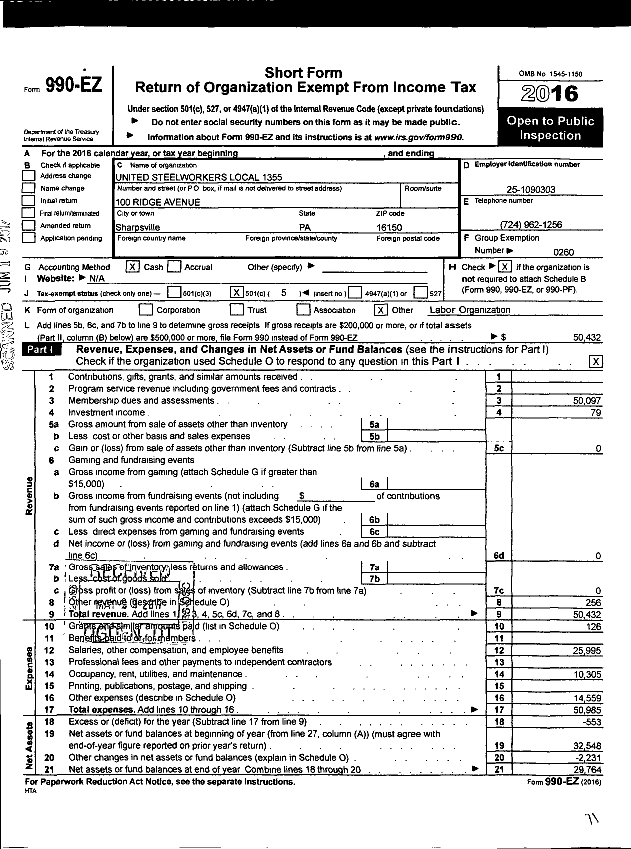 Image of first page of 2016 Form 990EO for United Steelworkers - 01355 Local