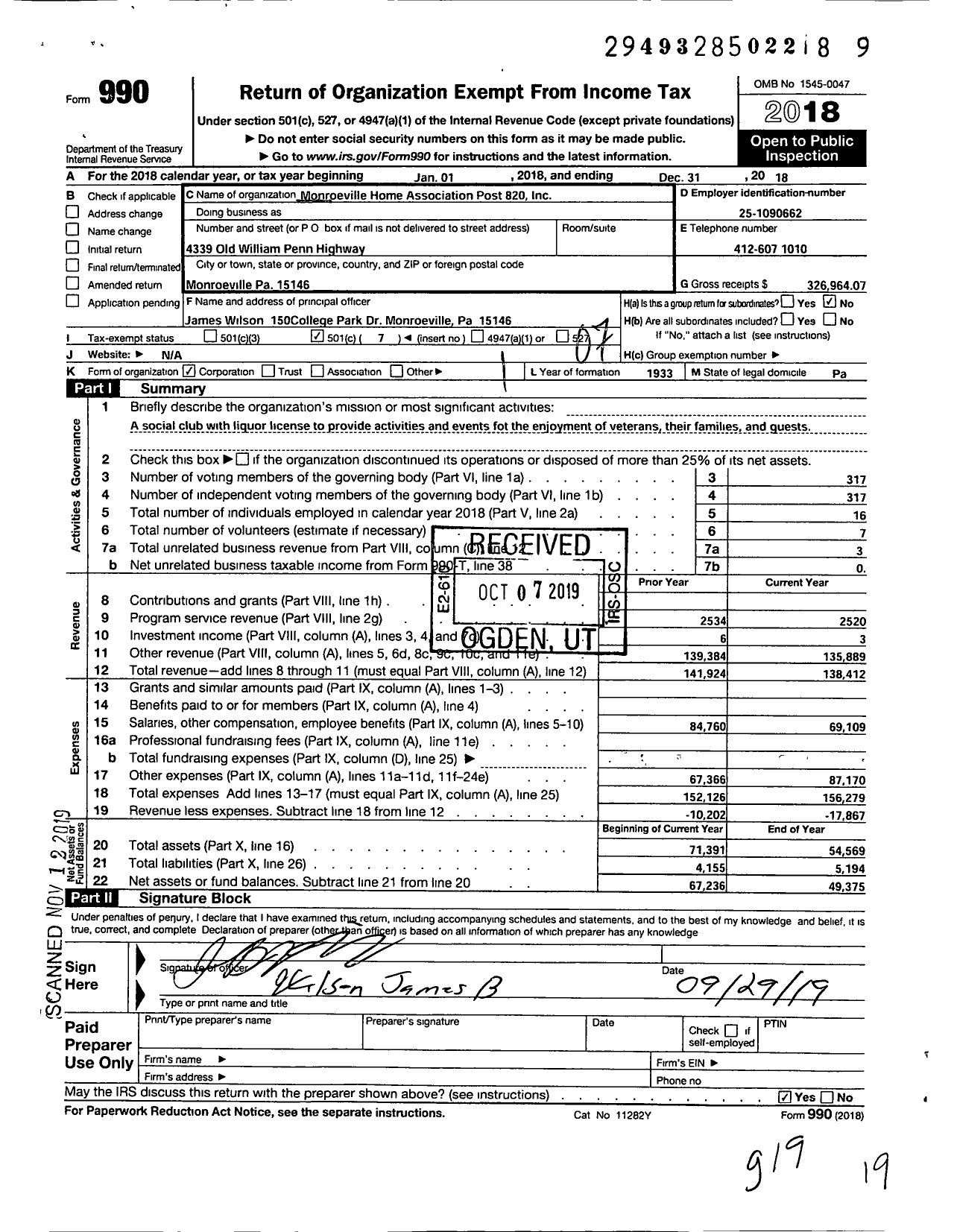 Image of first page of 2018 Form 990O for Monroeville Home Association Post 820