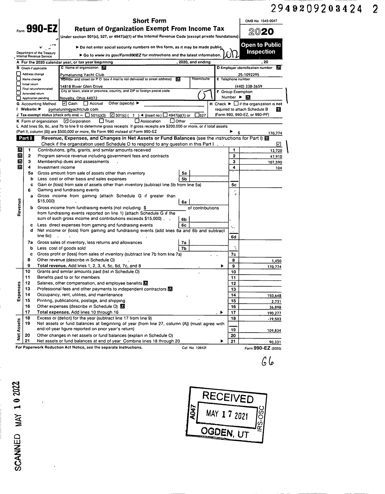 Image of first page of 2020 Form 990EO for Pymatuning Yacht Club