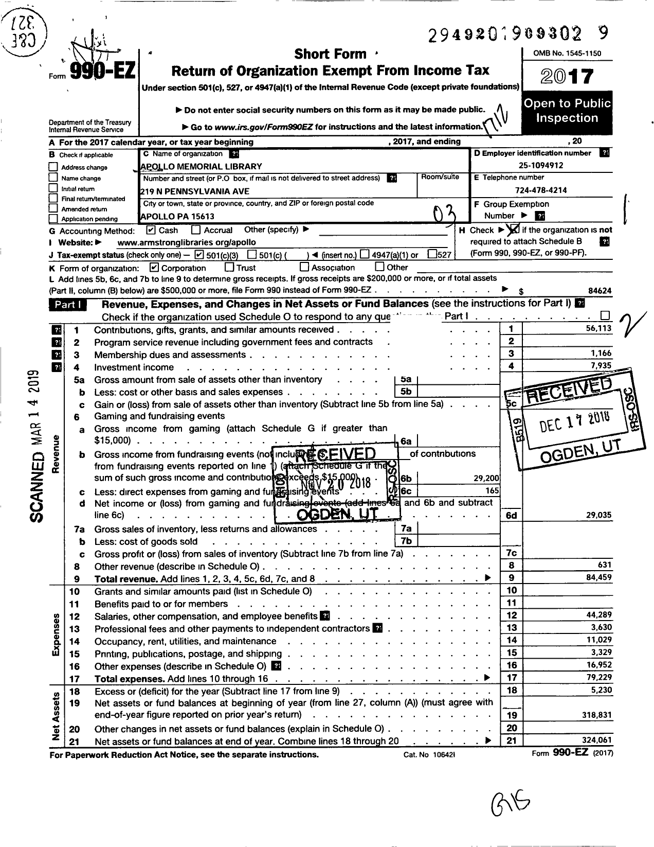 Image of first page of 2017 Form 990EZ for Apollo Memorial Library