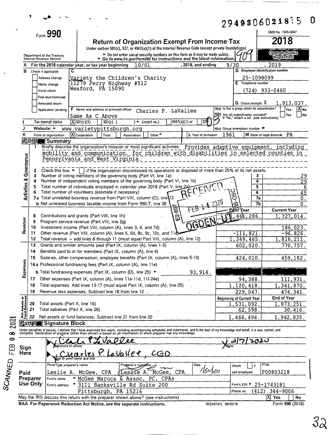 Image of first page of 2018 Form 990 for Variety the Childrens Charity