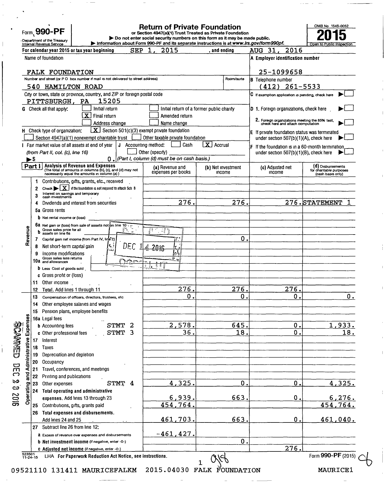 Image of first page of 2015 Form 990PF for Falk Foundation