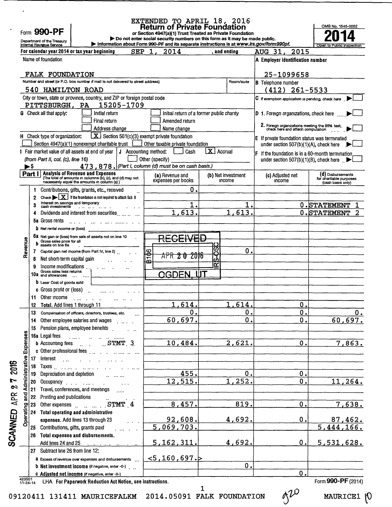Image of first page of 2014 Form 990PF for Falk Foundation