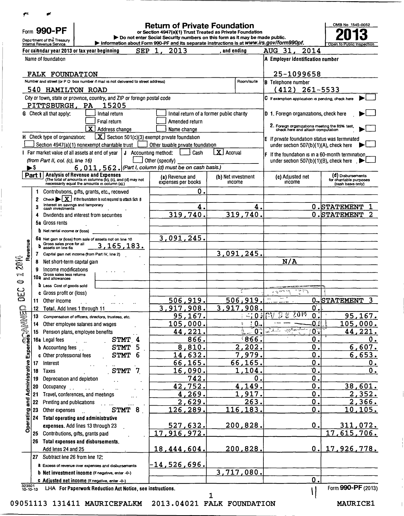 Image of first page of 2013 Form 990PF for Falk Foundation