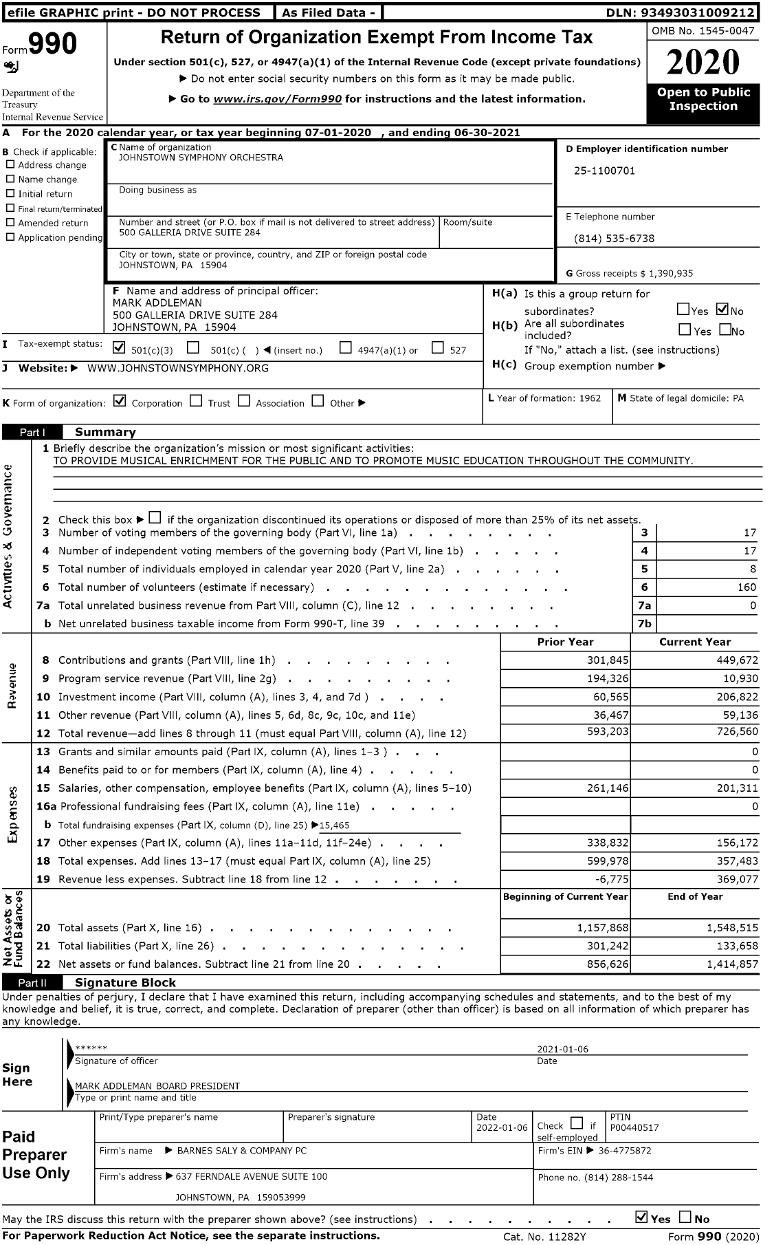 Image of first page of 2020 Form 990 for Johnstown Symphony Orchestra