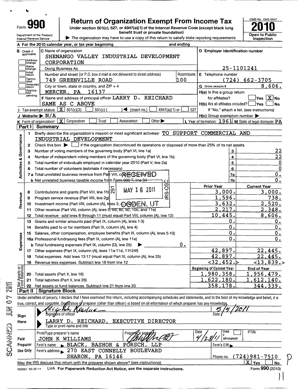 Image of first page of 2010 Form 990 for Shenango Valley Industrial Development Corporation