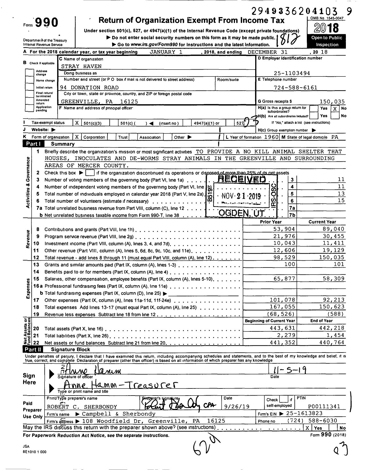 Image of first page of 2018 Form 990 for Stray Haven