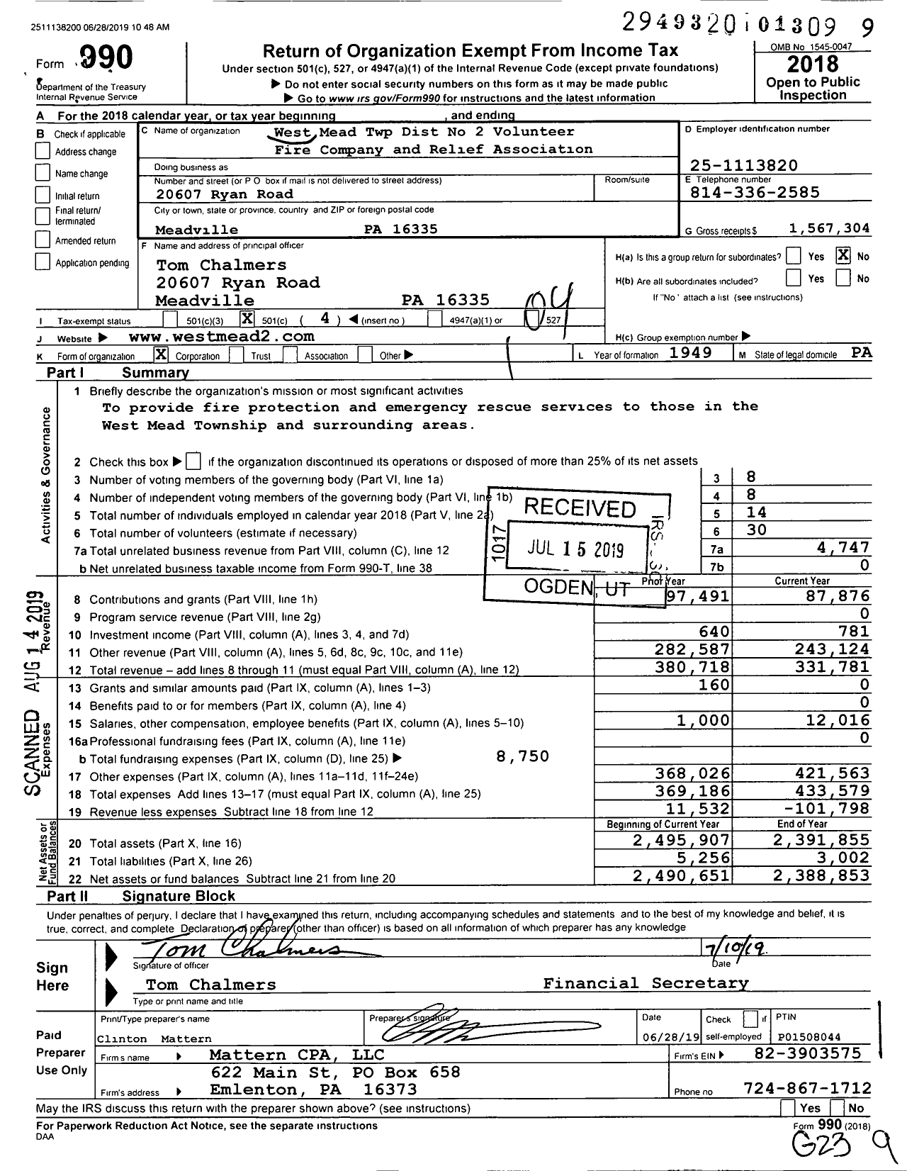 Image of first page of 2018 Form 990O for West Mead Twp Dist No 2 Volunteer Fire Company and Relief Association