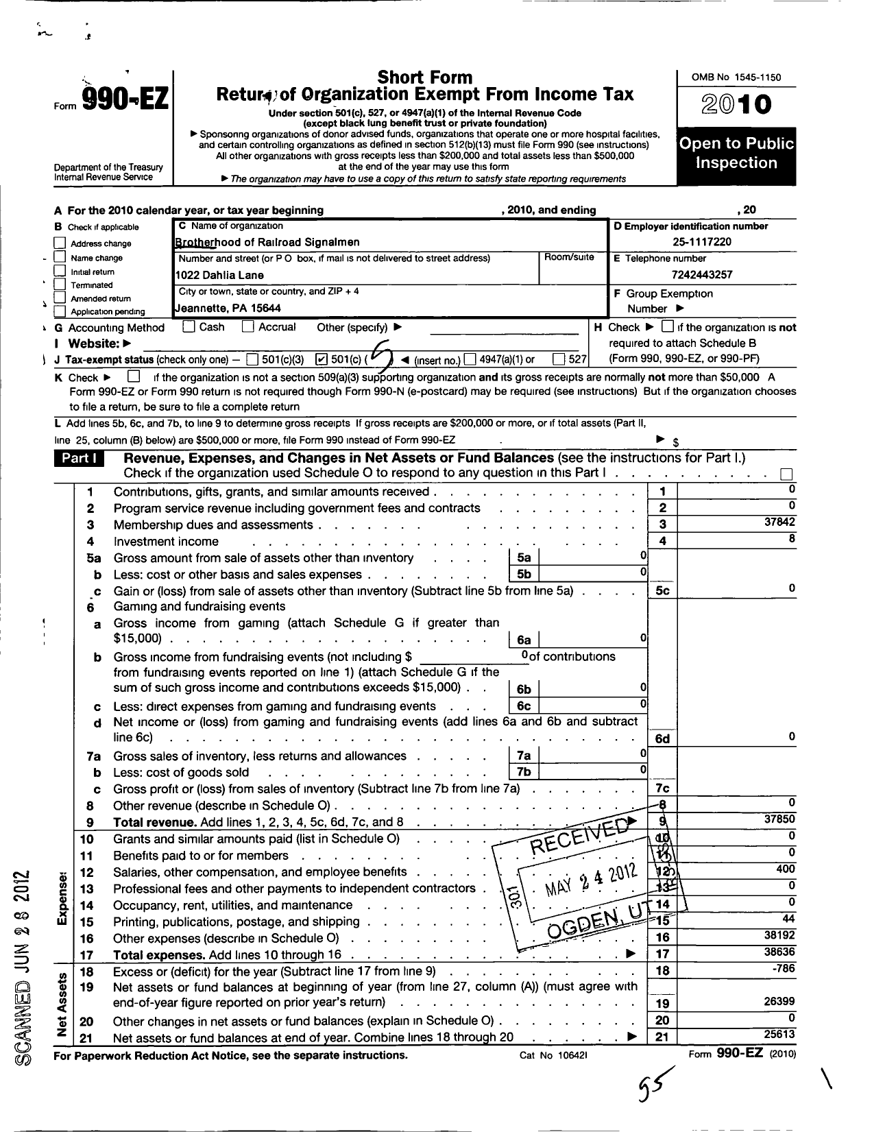 Image of first page of 2010 Form 990EO for Brotherhood of Railroad Signalmen - 40 Blairsville Local