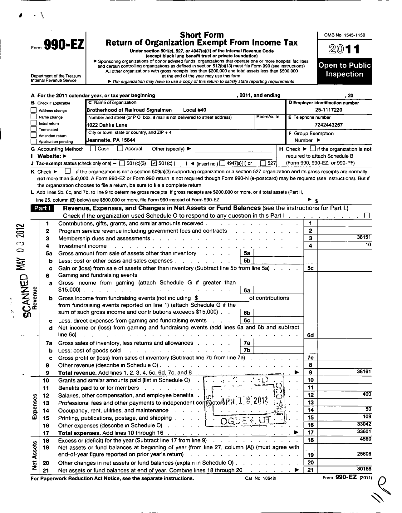 Image of first page of 2011 Form 990EO for Brotherhood of Railroad Signalmen - 40 Blairsville Local